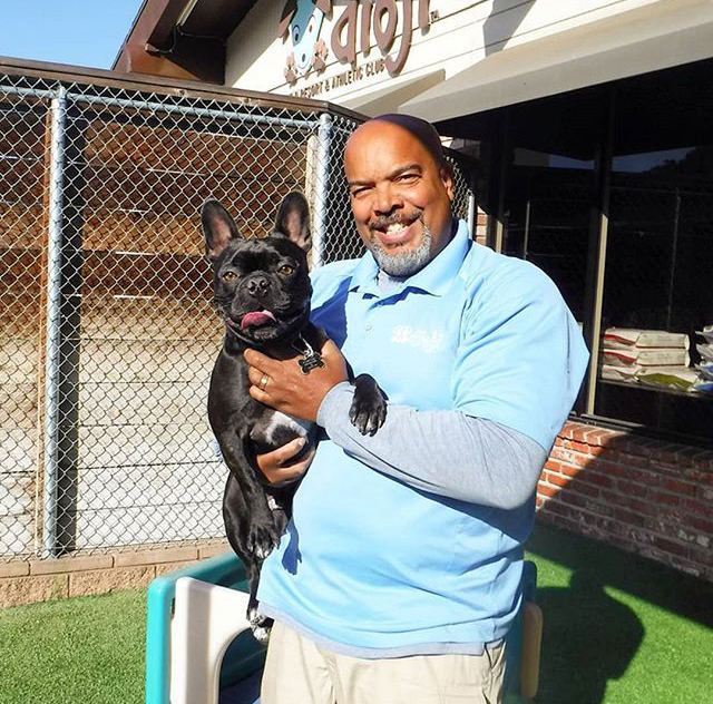 A Dioji team member holding a happy French bulldog